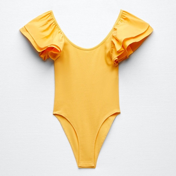 Zara NWOT yellow ruffle sleeves bodysuit top, stretchy - Picture 3 of 10